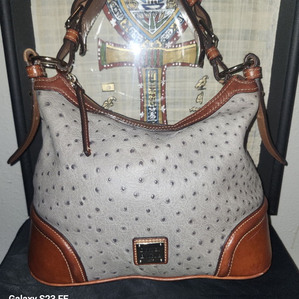 Dooney And Bourke Ostrich Hobo In Pewter Grey And Brown